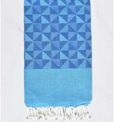 Blue and cerulean blue geometric jacquard beach towel Fouta Tunisia - 1