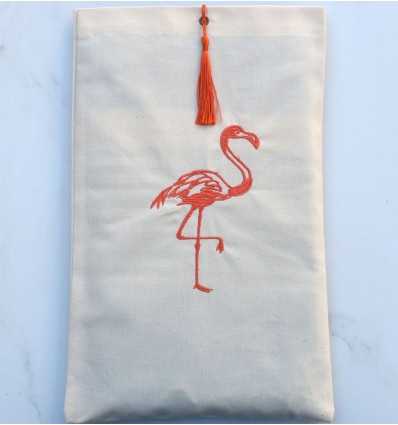 Pouch light beige personalized color orange and with pompom Fouta Tunisia - 1