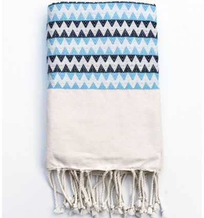 Beach towel zigzag creamy white, azure blue and slate blue Fouta Tunisia - 1