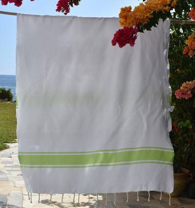 Beach towel white with Lime Green Stripes Fouta Tunisia - 1