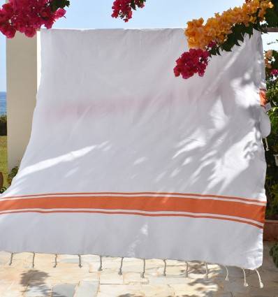 Beach towel white with Orange Stripes Fouta Tunisia - 1