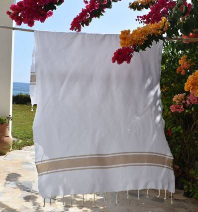 Beach towel white with Beige Stripes Fouta Tunisia - 1