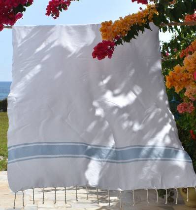 Beach towel white with Sky Blue Stripes Fouta Tunisia - 1