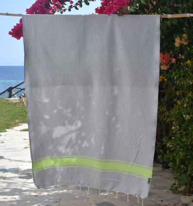 Beach towel gray with lime green stripes Fouta Tunisia - 1