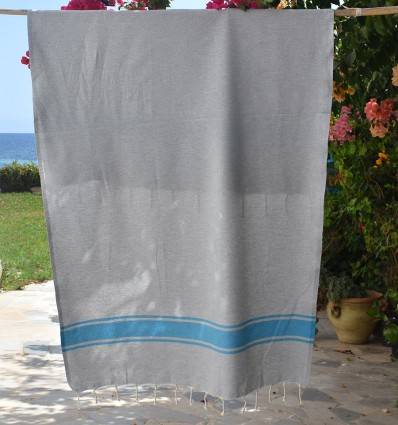 Beach towel gray with azure stripes Fouta Tunisia - 1