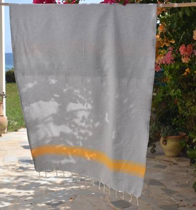 Beach towel gray with yellow stripes Fouta Tunisia - 1